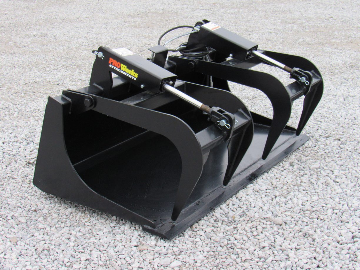 60″ Compact Tractor Dual Cylinder Solid Bottom Bucket Grapple Fits Skid Steer Quick Attach