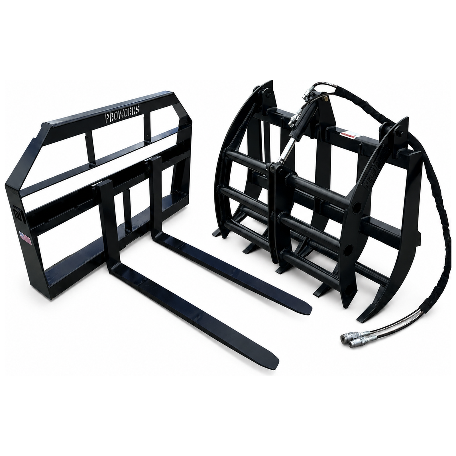 48" Root Rake Clam Grapple and 42" Pallet Forks Fits Skid Steer Quick Attach - Black