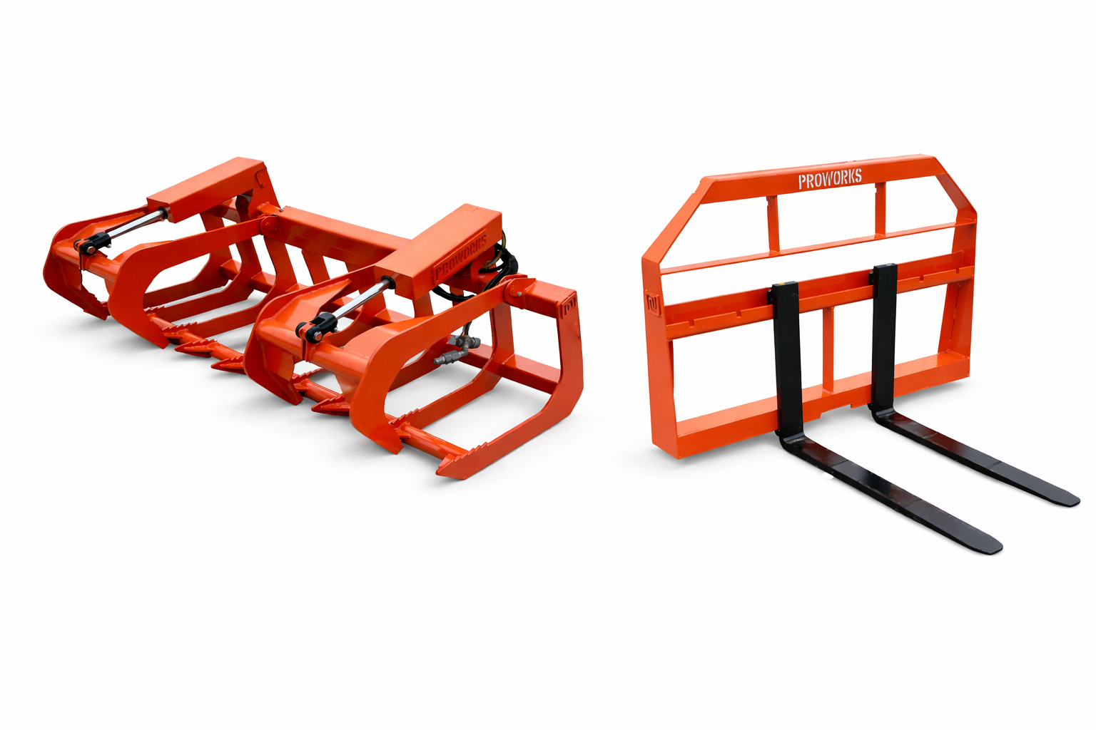 72" Root Grapple Grease and 42" Long Pallet Forks Attachment Combo Quick Attach - Orange